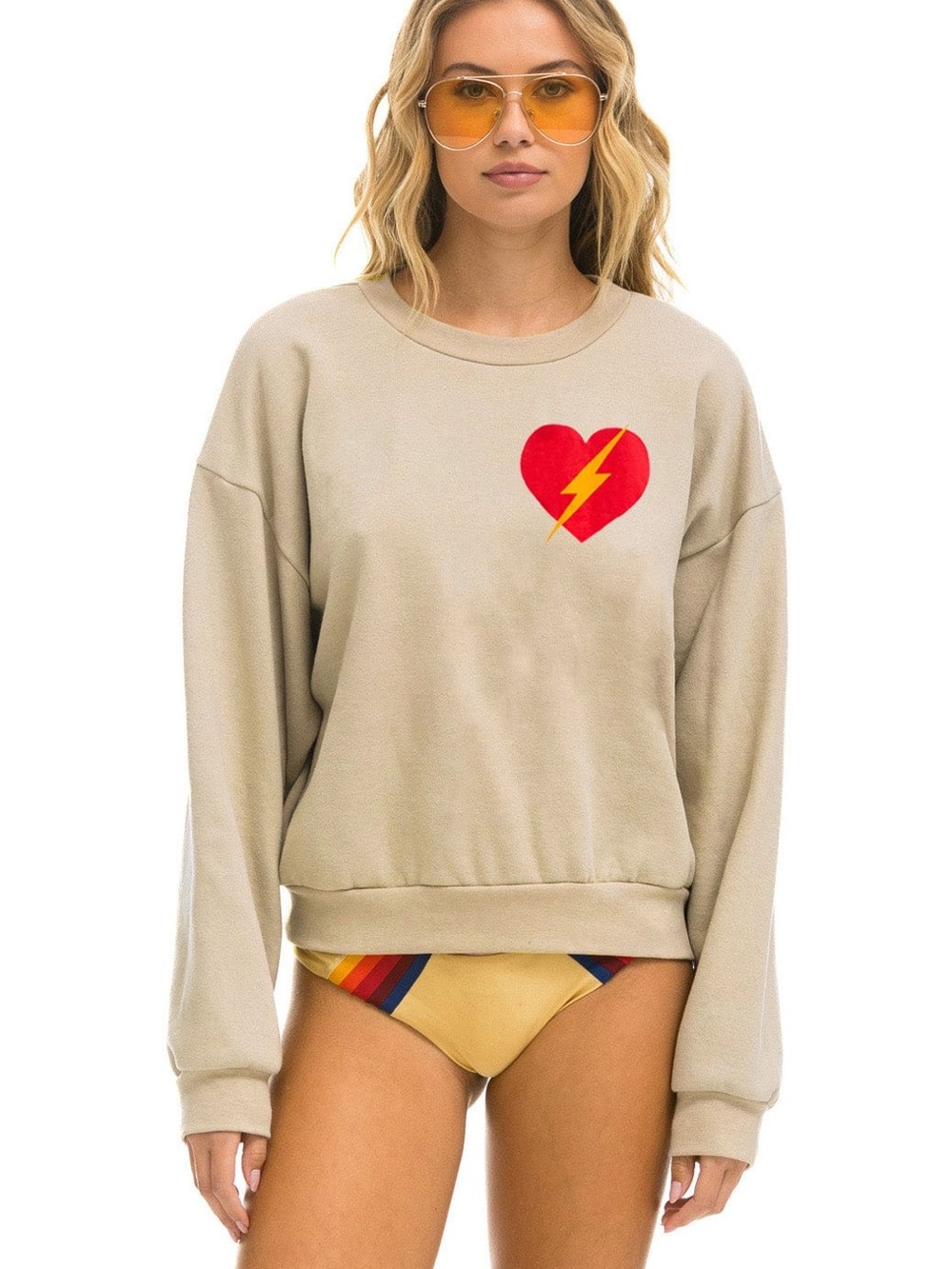 AVIATOR NATION - BOLT HEART RELAXED CREW SWEATSHIRT - SAND
